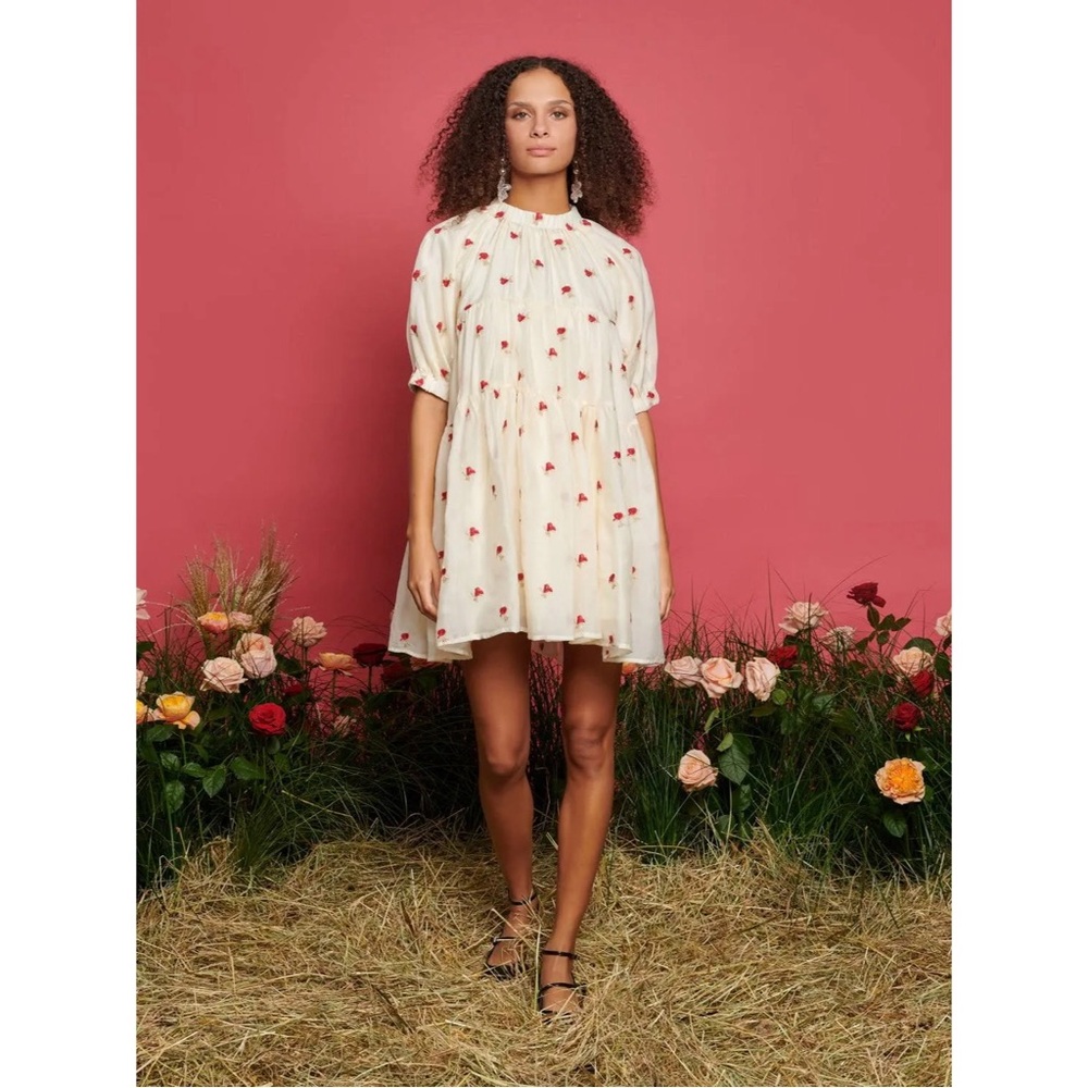 SISTER JANE Prairie Rose Embroidered Tiered Puff Sleeve Mini Dress in Cream - M